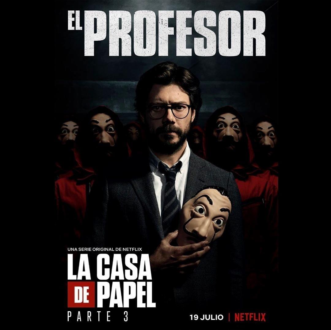 Professor, personagem de Álvaro Morte, em pôster da parte 3 de La Casa de Papel - Divulgação