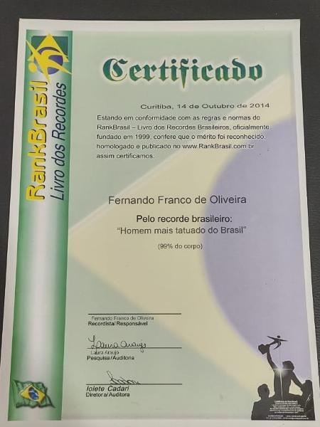 Certificado RankBrasil - Arquivo Pessoal/Fernando Oliveira - Arquivo Pessoal/Fernando Oliveira