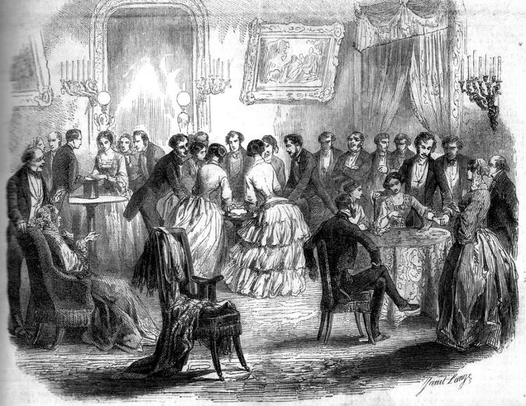 Salão parisiense com pessoas usando as tables tournantes. Journal l'Illustration em 1853 Salão parisiense com pessoas usando as tables tournantes. Journal l'Illustration em 1853