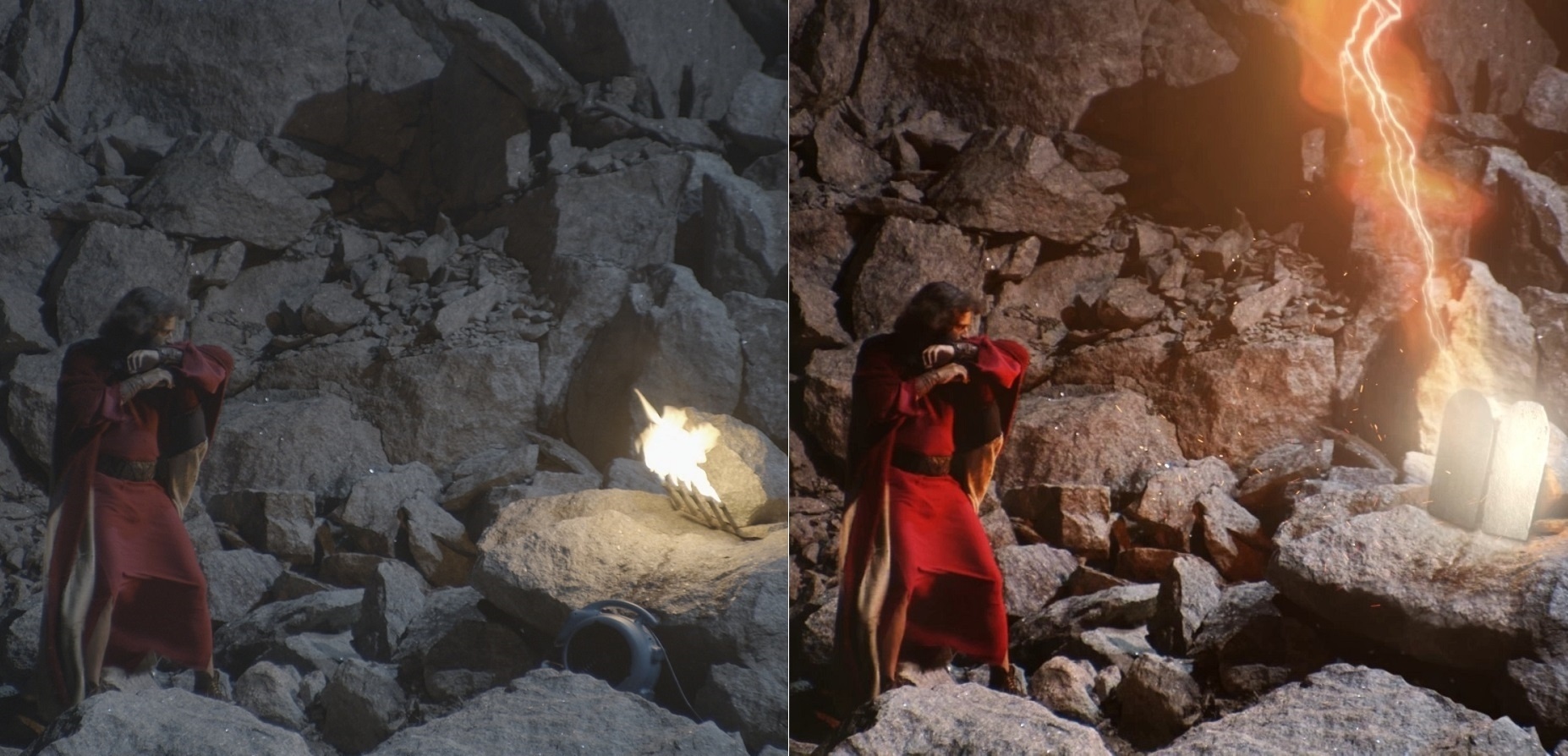 Na gravação original, a tábua de Moisés (Guilherme Winter) foi representada por uma labareda. A equipe de pós-produção inseriu o relâmpago para mostrar Deus escrevendo os mandamentos - Montagem/Divulgação/TV Record