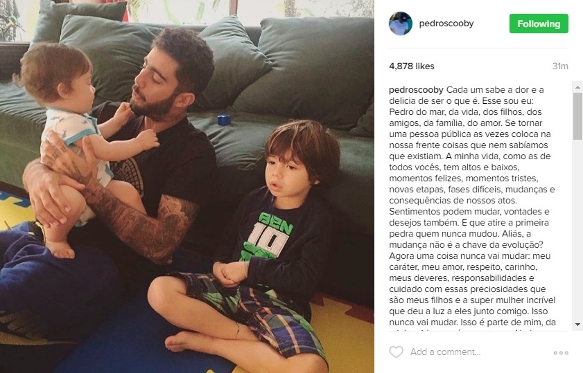 16.ago.2016 - Pedro Scooby fez na tarde desta terça-feira (16) um post em seu Instagram com jeito de desabafo. Acompanhando uma foto e que aparece com os dois filhos, o surfista diz que independentemente do momento de sua vida, nada vai mudar no seu caráter e também no respeito e carinho que ele tem pelas crianças e pela mãe dos pequenos, Luana Piovani - Reprodução/Instagram pedroscooby Verified