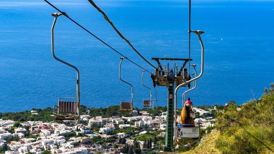 O teleférico desce do Monte Solaro com um impressionante panorama do Golfo de Nápoles - font83/Getty Images