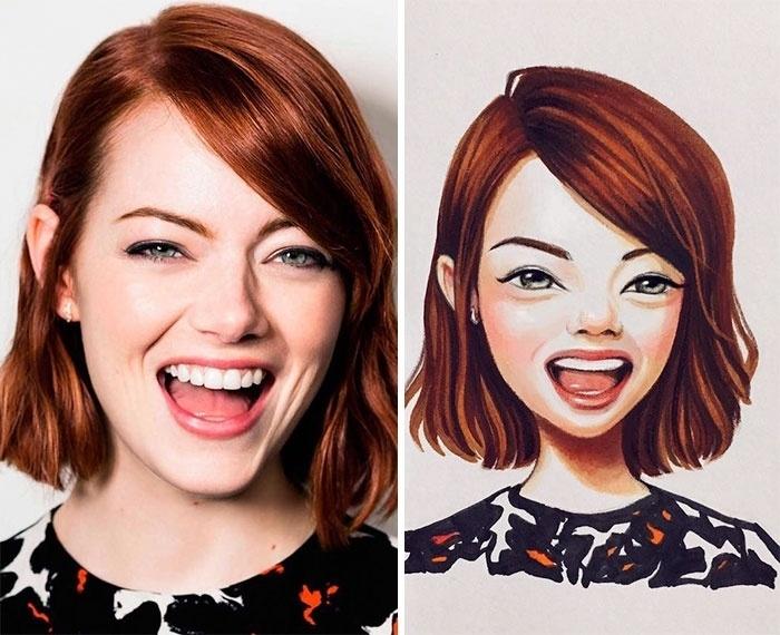 A ilustradora russa Lera Kiryakova tem o dom de transformar celebridades em desenhos. Na imagem, a atriz Emma Stone - Reprodução/Instagram