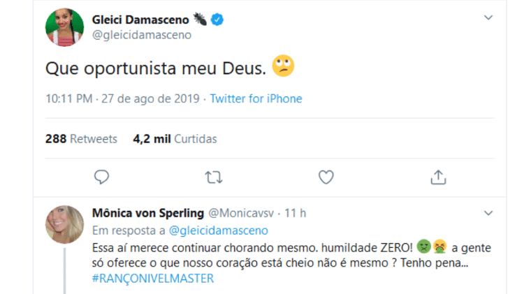 Gleici Damasceno manda indireta para Paula Sperling; irmã de Paula, Mônica von Sperling, rebate - Reprodução/Twitter - Reprodução/Twitter