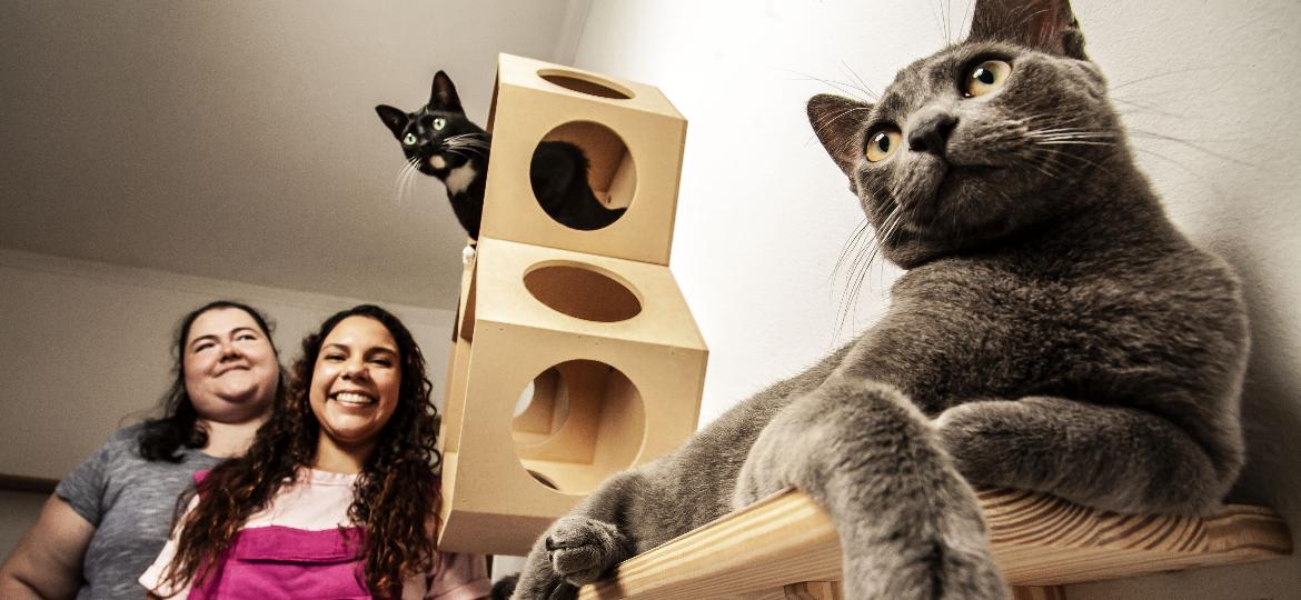 Amanda (à dir.) e Carol, proprietárias da Casa do Gato, com seus hóspedes - Fernando Moraes/UOL