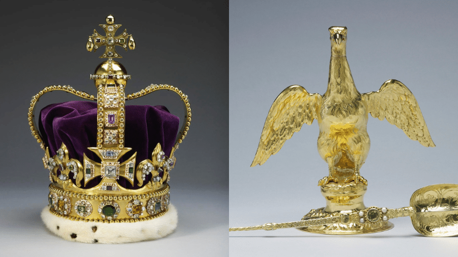 A coroa de Santo Eduardo, a ampoula e a colher da coroação, que serão usadas na cerimônia deste sábado (6) - Reprodução/Royal Collection Trust