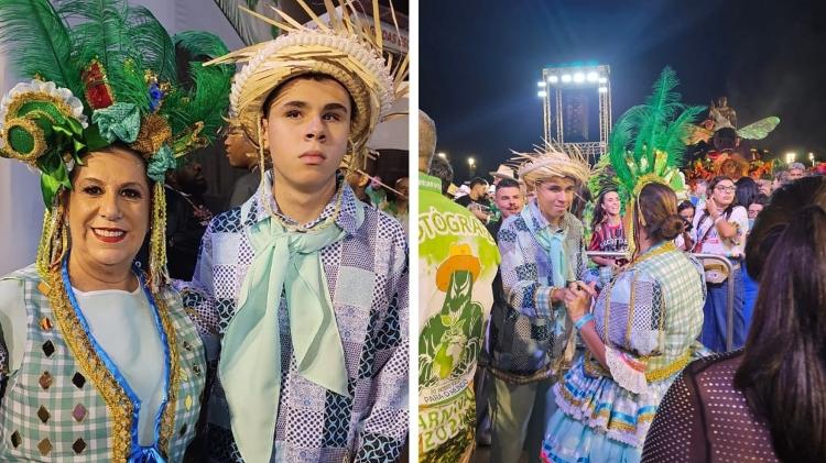 Silvia Grecco e o filho Nickollas desfilaram com a Mancha Verde pelo quarto ano seguido