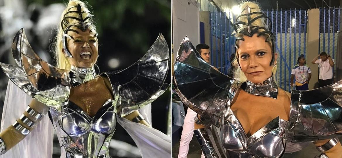 A apresentadora Xuxa e a fundadora da Grande Rio Carla Reis usaram a mesma fantasia, como destaque do 4º carro da escola - André Fabiano/FolhaPress e Ana Cola Lima/UOL