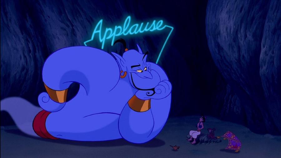 O Gênio da Lâmpada de Robbie Williams na animação "Aladdin", de 1992 - Divulgação