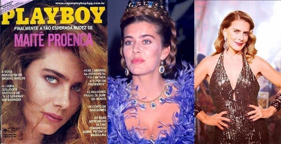 Capa de fevereiro de 87, aos 29 anos, Maitê Proença foi anunciada como a "nudez tão esperada" na capa da "Playboy". Na ocasião, a atriz era um símbolo sexual por ter acabado de interpretar, em 86, Dona Beija, a protagonista da novela da Manchete que adorava tomar banhos de cachoeira. Maitê posou novamente nua para a revista em agosto de 1996 - Reprodução/Playboy/ Reprodução/Instagram
