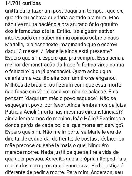 Textão de Anitta foi deletado pela cantora minutos depois de publicado - Reprodução - Reprodução