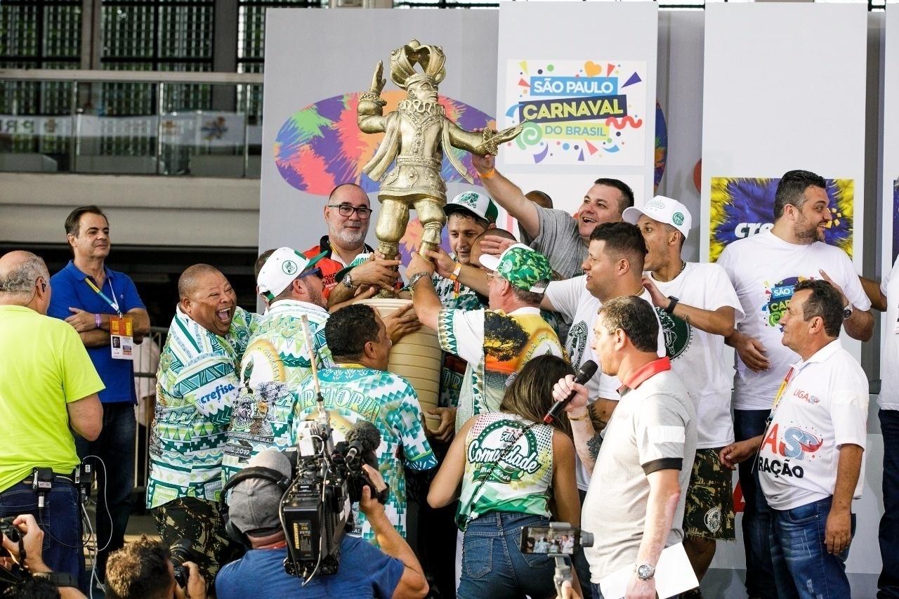 Integrantes da Mancha Verde comemoram primeiro título do Carnaval de SP - Mariana Pekin/UOL