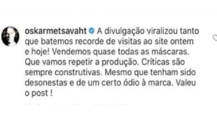 Comentário de Oskar Metsavaht, responsável pela Osklen - Reprodução/Instagram - Reprodução/Instagram