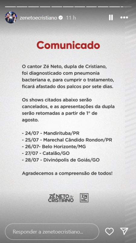 Assessoria de Zé Neto e Cristiano emitiu comunicado 