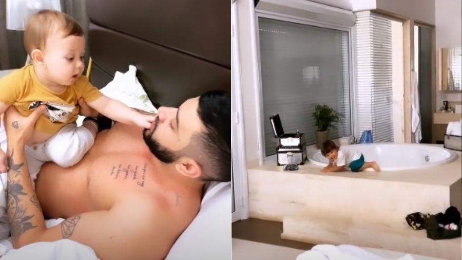 Gusttavo Lima brinca com o caçula, Samuel, na cama, enquanto o filho mais velho, Gabriel, está na banheira do quarto do cantor - Reprodução/Instagram