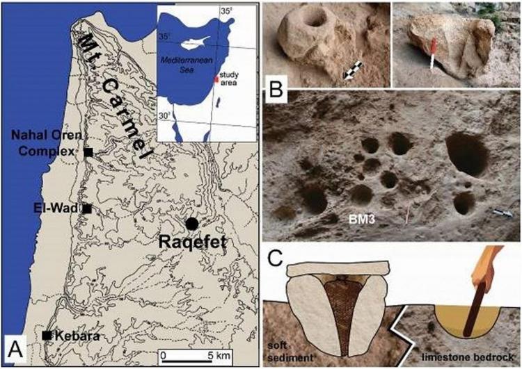 O local e os resquícios analisados. (A) TA localização da Caverna Raqefet e três outros locais onde se instalaram os Natufianos em Mt. Carmel; (B) fotos de campo dos materiais encontrados (C) materiais usados para armazenamento e para produção de alimentos e cerveja  - Divulgação - Divulgação