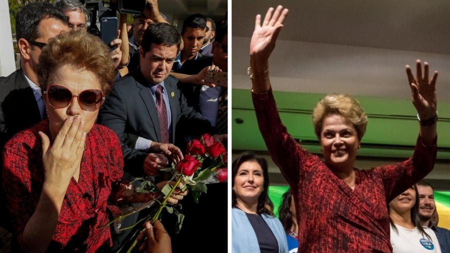 Dilma Roussef em 2016, saindo do Palácio da Alvorada após impeachment, e neste domingo (30), na vitória de Lula  - Pedro Ladeira/Folhapress/Roberto Sungi / Futura Press