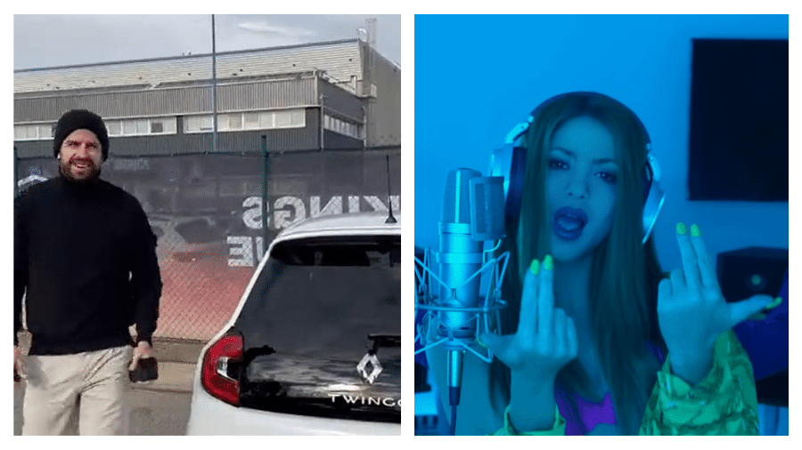 Piqué ao lado do carro Twingo / Shakira no clipe de sua nova faixa - Reprodução / Twitter e Reprodução / Youtube