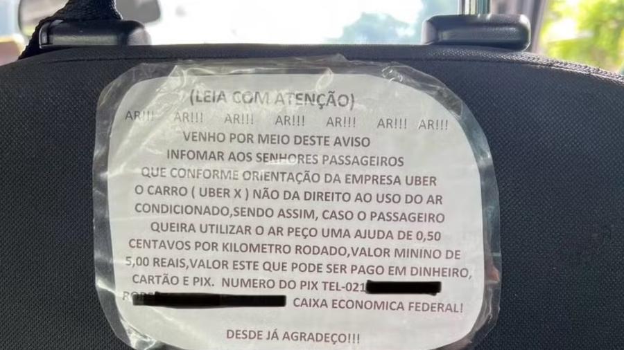 Imagem viralizou em dezembro passado com cobrança extra de motorista pelo uso da climatização no Rio de Janeiro; relatos semelhantes continuam em março de 2024