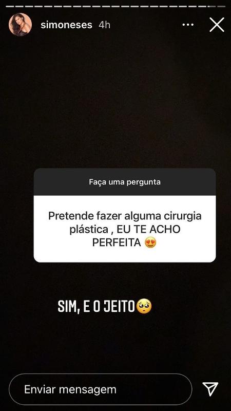 Simone respondeu às perguntas no Instagram Stories - Reprodução/Instagram - Reprodução/Instagram
