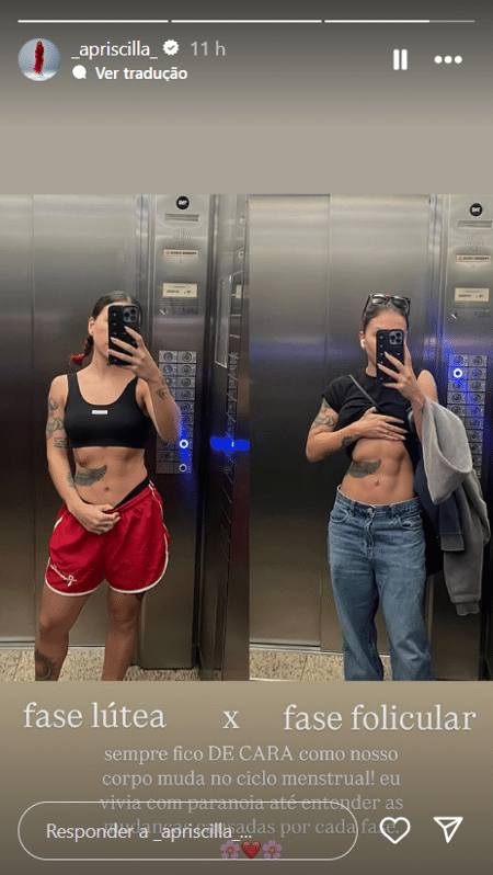 Priscilla mostra mudança em seu abdômen com o ciclo menstrual Priscilla mostra mudança em seu abdômen com o ciclo menstrual