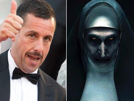 O ator Adam Sandler e Bonnie Aarons como a protagonista de "A Freira" - ZUMAPRESS/Divulgação/Montagem