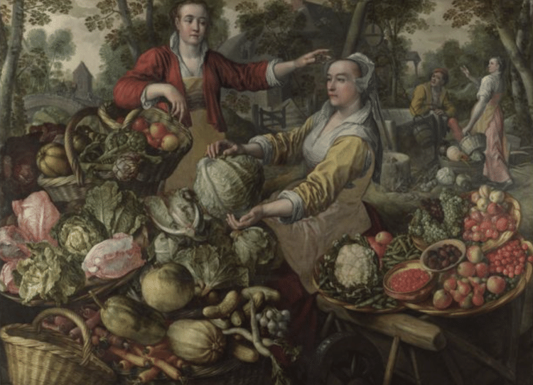 A obra 'Os Quatro Elementos - Terra', de Joachim Beuckelaer, mostra uma cena de duas mulheres cercadas por vegetais - Domínio Público - Domínio Público