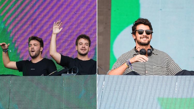 Os DJs gêmeos mineiros do Dubdogz e o carioca DJ MAZ durante o Lollapalooza São Paulo 2019; eles se apresentam no Só Track Boa nesta sexta (14)