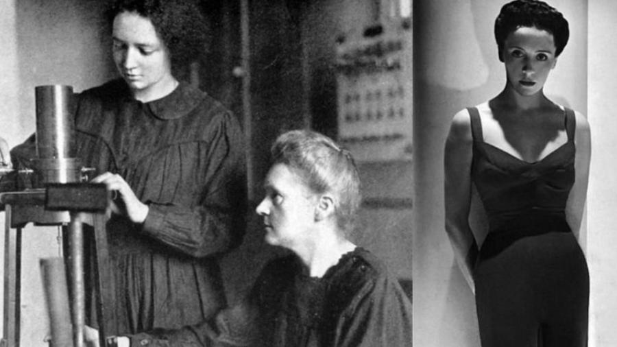 Irene Curie trabalhando junto com a mãe e, na foto ao lado, sua irmã, Eve Curie - Getty Images