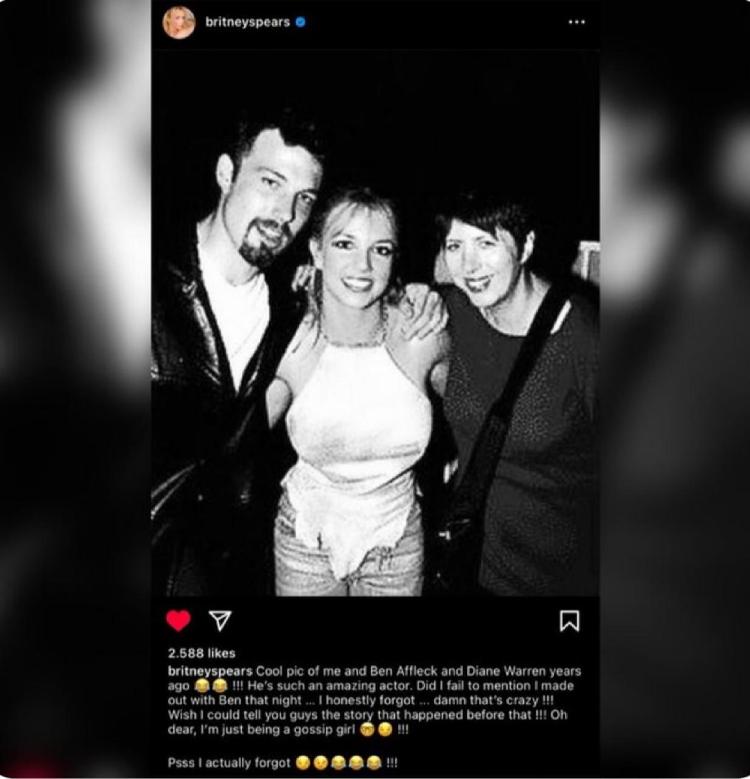 Post de Britney Spears em que ela revela affair com Ben Affleck