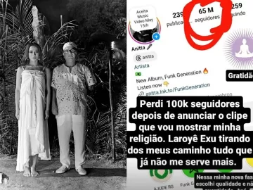 Anitta perde 100 mil seguidores após mostrar religião: 'Não me serve'