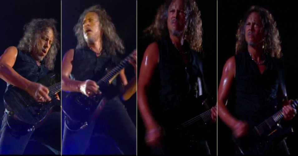 19.set.2015 - Momento da primeira falha, a guitarra de Kirk Hammett parou de tocar por um momento e ele se virou para trás e olhou para os bastidores com cara de pouquíssimos amigos - Reprodução
