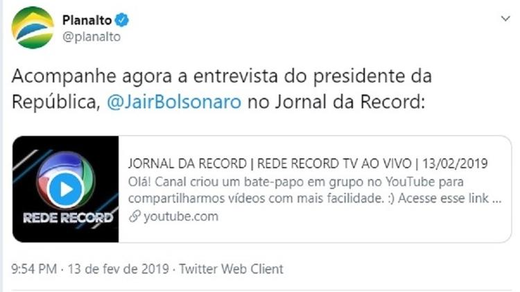 Perfil do Planalto divulga canal que pirateia sinal da Record - Reprodução/Twitter - Reprodução/Twitter