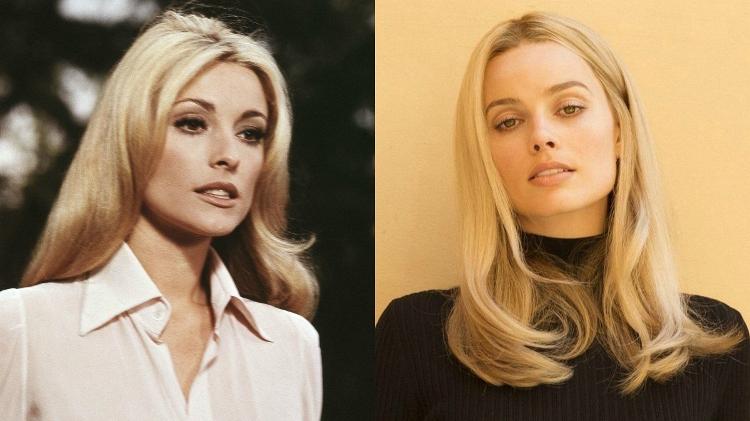 Sharon Tate e sua versão no filme de Tarantino, interpretada por Margot Robbie - Reprodução/Montagem - Reprodução/Montagem