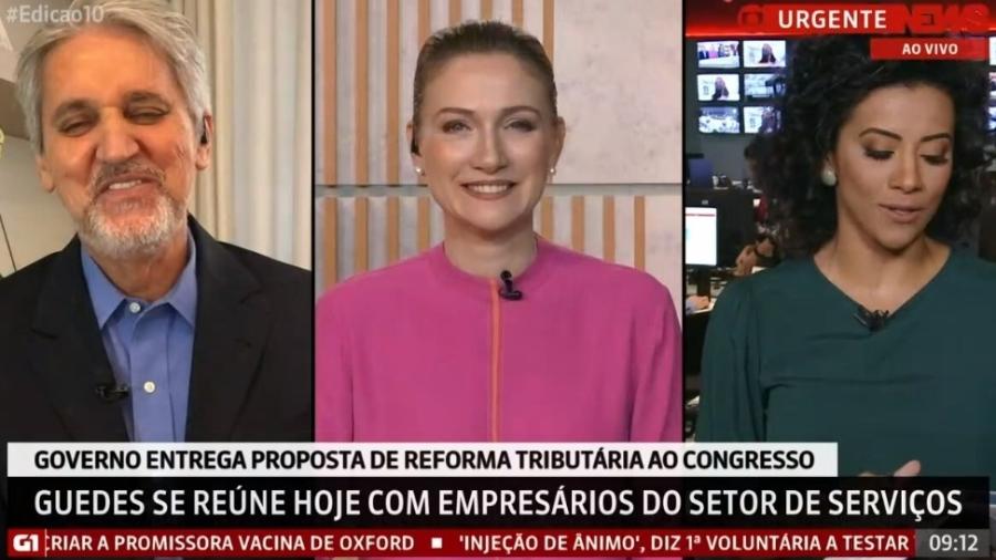 Valdo Cruz, Aline Midlej e Ana Flor durante programa da GloboNews; elogio de apresentadora gerou momento de descontração - Reprodução/GloboNews