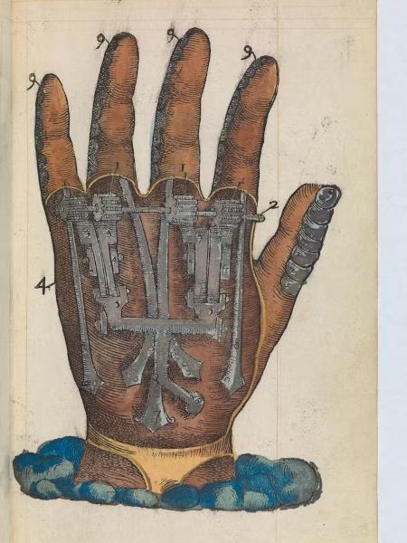 O cirurgião Ambroise Paré imprimiu o projeto de um serralheiro parisiense para uma mão mecânica de ferro no século 16