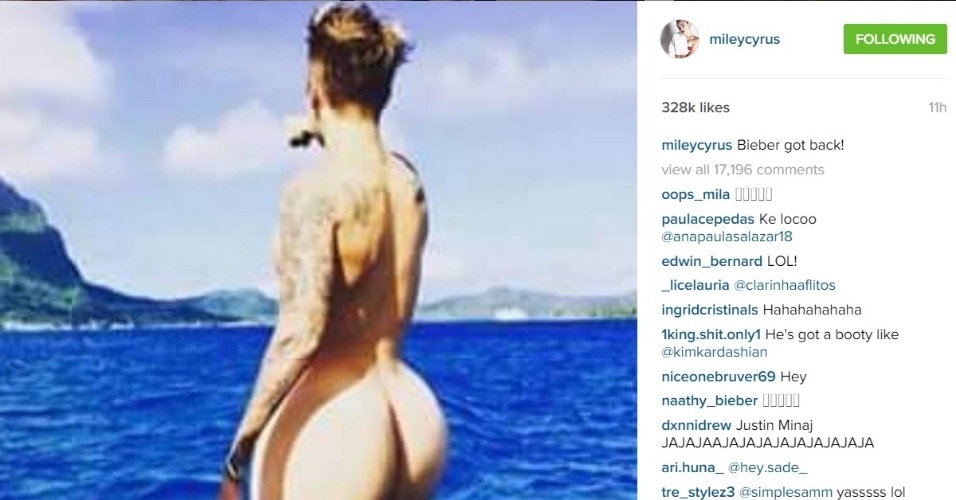 7.jul.2015 - Miley Cyrus usou seu perfil no Instagram para ironizar a foto em que Justin Bieber aparece pelado olhando para o mar. Na madrugada desta terça-feira, a cantora fez uma montagem da imagem do astro teen com um bumbum parecido ao de Kim Kardashian