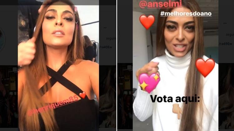 Juliana Paes durante o processo de alongamento dos fios e depois, já pronta - Reprodução/Instagram - Reprodução/Instagram