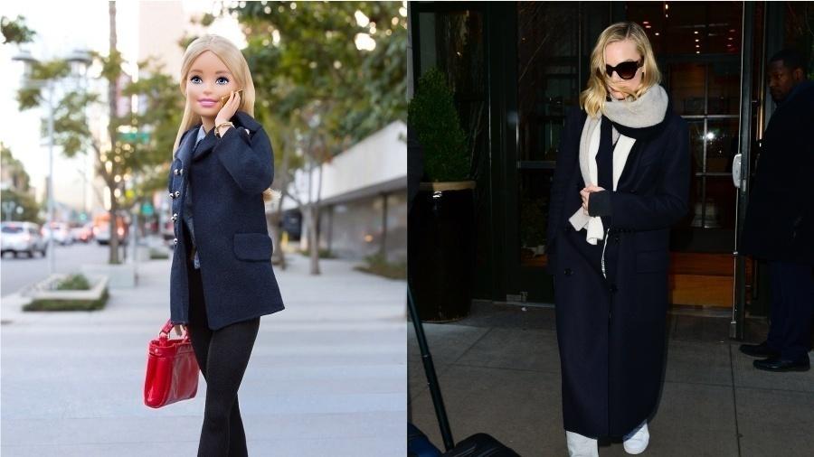 Tanto a boneca quanto a personagem da vida real já mostraram que sabem aproveitar o frio com muito estilo. As duas apostaram em produções total black para encarar as baixas temperaturas - Reprodução/Instragram/Getty Images