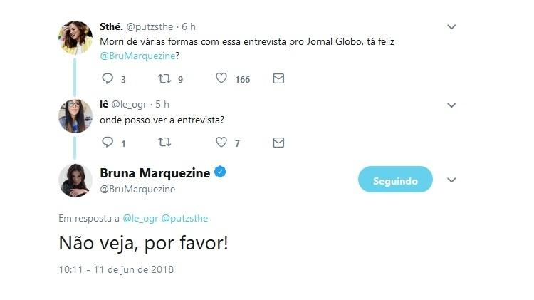 Bruna Marquezine pede para fãs não lerem entrevista dela ao jornal "O Globo" - Reprodução/Twitter/BruMarquezine - Reprodução/Twitter/BruMarquezine