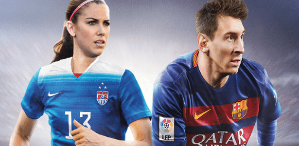 Atacante da seleção campeã do mundo, americana Alex Morgan divide a capa de "FIFA 16" com Lionel Messi - Divulgação
