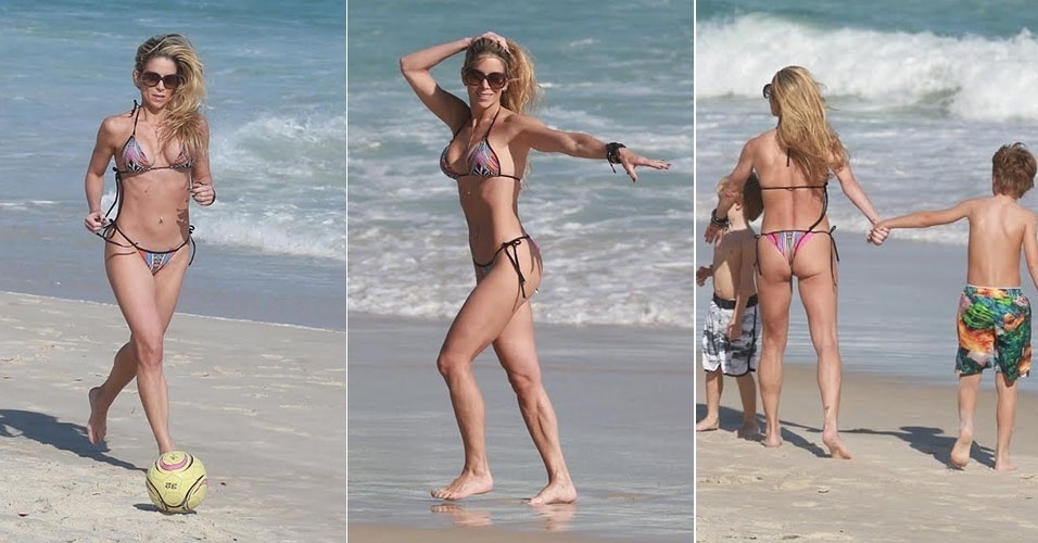 Aos 41 anos, Danielle Winits exibe seu corpão em um microbiquíni na na praia da Barra da Tijuca, no Rio. A atriz se diverte com os filhos, Noah e Guy