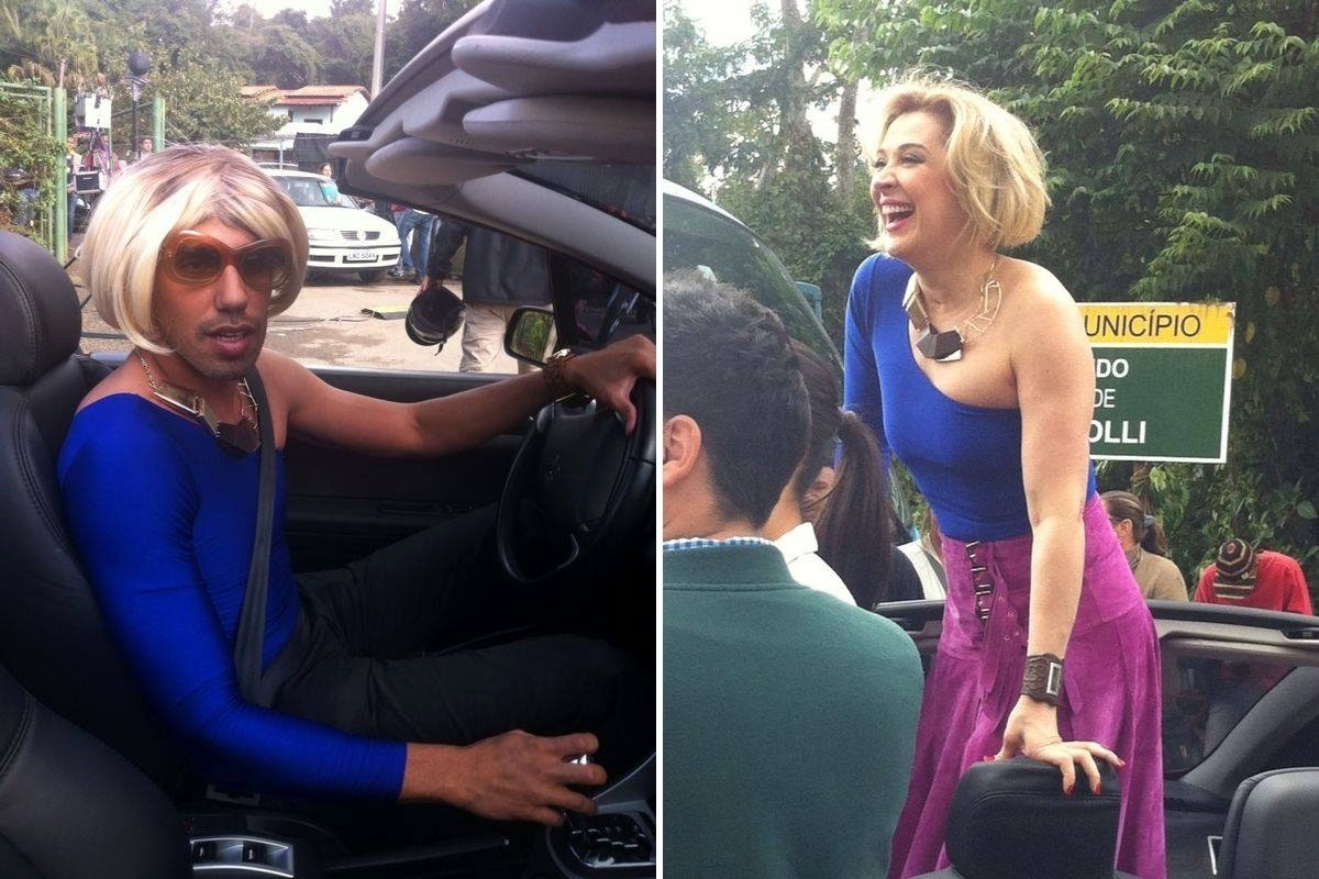 Claudia Raia observa o dublê Dirceu Souza caracterizado como sua personagem Samantha para cena de ação na novela "Alto Astral" - Reprodução/Facebook/Dirceu Dublês