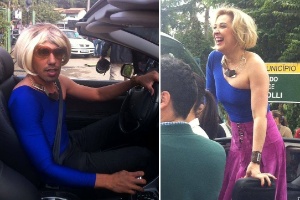 Claudia Raia observa o dublê Dirceu Souza caracterizado como sua personagem Samantha para cena de ação na novela "Alto Astral" - Reprodução/Facebook/Dirceu Dublês - Reprodução/Facebook/Dirceu Dublês