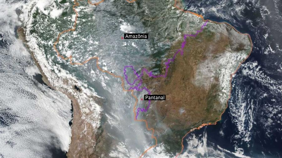 Sistema de monitoramento de queimadas permite enxergar a concentração de fumaça sobre a Amazônia e o Pantanal e se espalhando para o sul, em 14 de setembro - Inpe