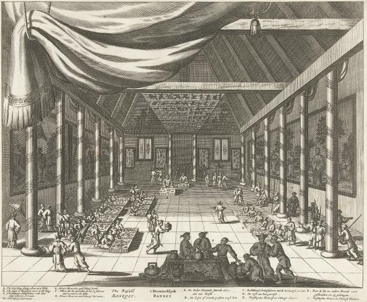 Gravura de como teria sido o banquete oferecido a um diplomata holandês no Palacio Imperial em 28 de julho de 1667