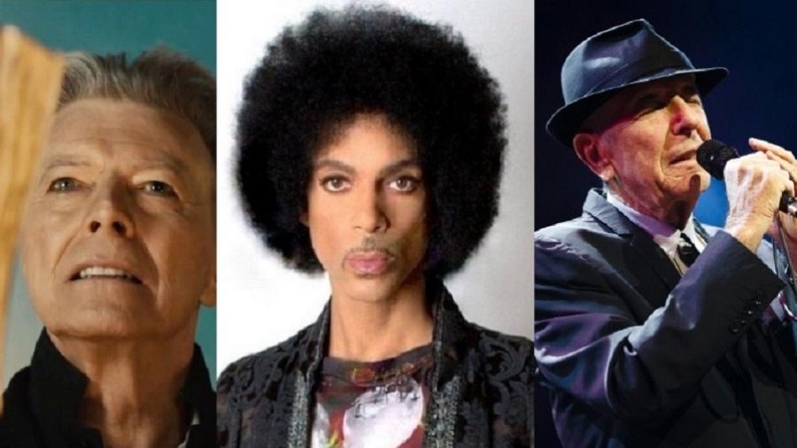 David Bowie, Prince e Leonard Cohen; 2016 foi marcado por mortes emblemáticas - Reprodução/Montagem