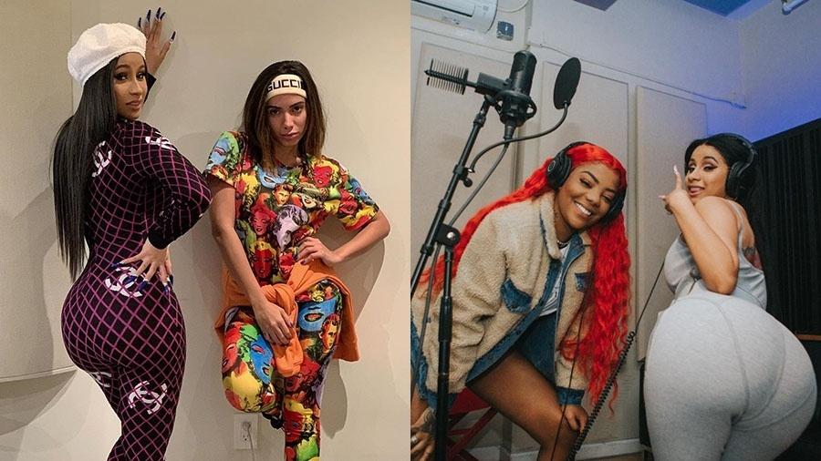 Cardi B em estúdio com Anitta, em Los Angeles, e com Ludmilla, em Nova York - Reprodução/Instagram e Renata Meirelles/Divulgação