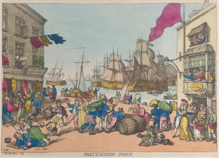 Portsmouth Point, lugar de pubs na cidade britânica. Gravura de Thomas Rowlandson, de 1814 - Heritage Images via Getty Images - Heritage Images via Getty Images