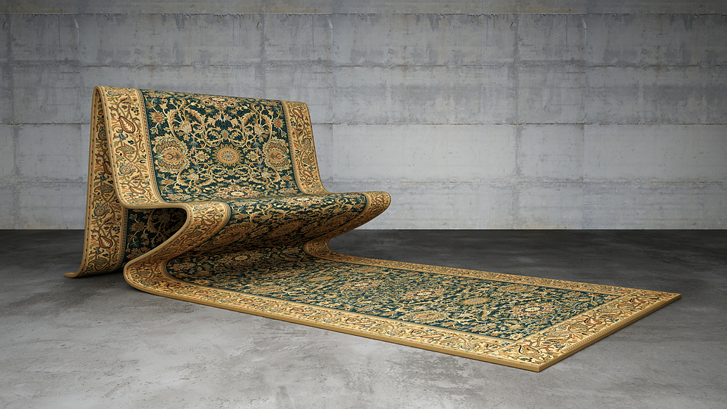 Chamado de Carpet Sofa, o produto criado pelo designer Stelios Mousarris em parceria com a artista plástica Jan Blythe é feito a partir de um tapete persa tecido à mão. A peça lembra os tapetes mágicos das histórias infantis - Divulgação